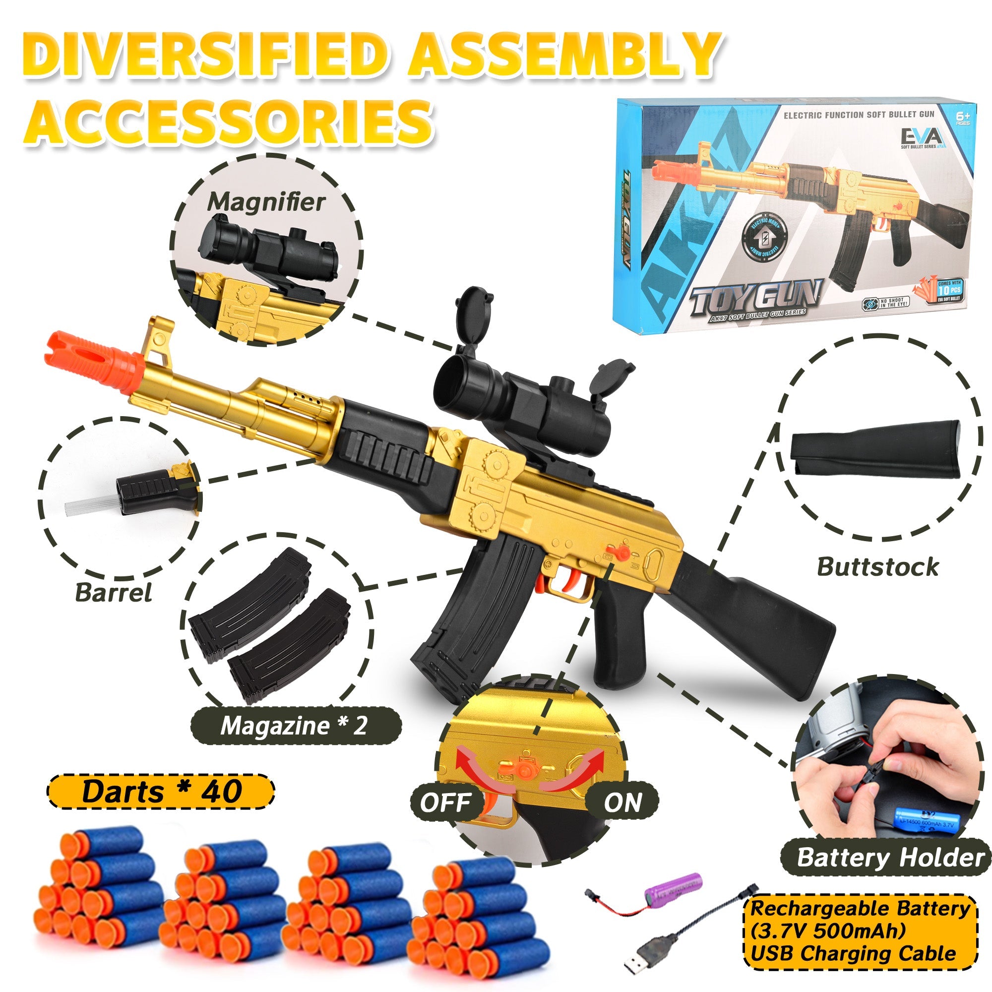 [Foam F2]AK47 Full Auto Foam Blaster Gun, with Scope 40 Darts & 2 Magazines